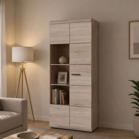 Vitrine Ladara, Ausstellungsregal 8 Böden, 2 Türen, mit LED, abgerundete Ecken, 80x37x194h cm, Eichenbraun (1/3)