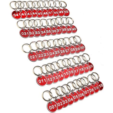 Lot de 50 porte-clés numérotés en aluminium gravé, étiquettes chiffrées pour casiers, vestiaires, gym, clés et identification, anneaux métalliques inclus. (1/2)