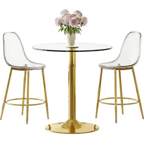 Ensemble table ronde avec 4 fauteuils, plateau MDF effet bois marron diamètre 100 cm, insert et étagère en verre, sièges gris chaud (1/5)