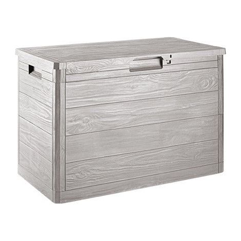 Coffre de jardin verrouillable effet bois gris tourterelle – Volume 160L – Dimensions 49,5x11,5x44,5 cm – Matériau résistant aux intempéries – Toomax