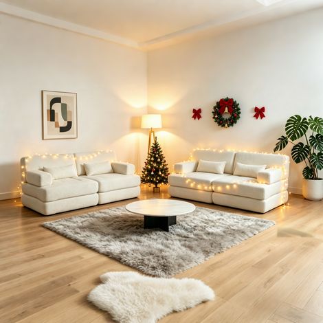 Canapé convertible 4 places - fauteuil-lit modulaire 2-en-1 - chenille et métal - Beige (1/4)