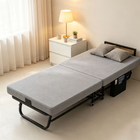 Lit Pliant Pliable 78 Pouces avec Tete de Lit, USB, Matelas Memoire Mousse 3 Pouces, 204 kg, 4 Roues Freins, Gris (1/5)