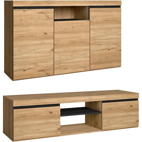 Skraut Home – Ensemble de meubles de salon – Buffet 140cm en chêne noir – Meuble TV 140cm – Style nordique – Rangement pratique avec placards