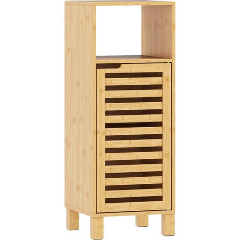 Armoire de salle de bain, en bois et bambou, avec porte, avec étagère, marron, pour salle de bain, étagère ouverte, porte à persiennes, placard