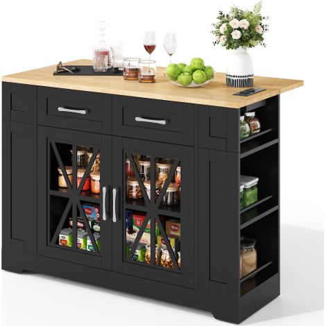 120cm tragbare Kücheninsel mit klappbarem Esstisch, offener Ablage, AC-Anschluss, USB-Anschluss, Glastür, verstellbares Laminat, Rollen mit Bremsen für Küche, Esszimmer, Wohnzimmer und mehr.