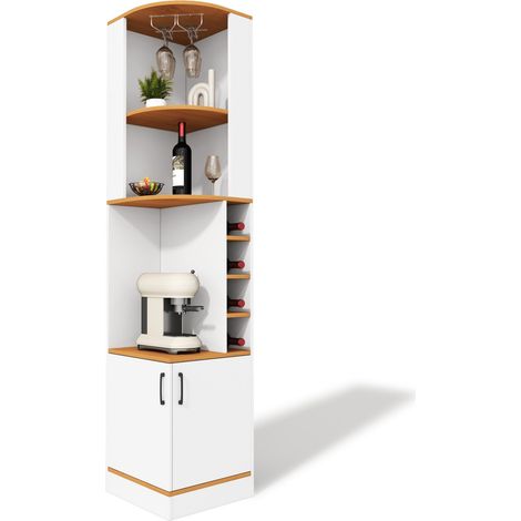 Meuble bar d'angle pour cuisine et salle à manger, 40x40x182 cm, rangement vertical avec porte-verres, 4 casiers à vin et placard bas blanc  CHICFURN (1/5)