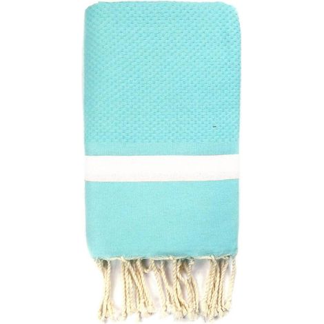Fouta 100x200 Turquoise Bande Blanche - 100% coton - franges