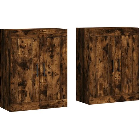 Set di 2 armadietti da parete sospesi con spazio portaoggetti 69,5 x 34 x 90 cm stile contemporaneo in legno multistrato rovere fumo 020055494