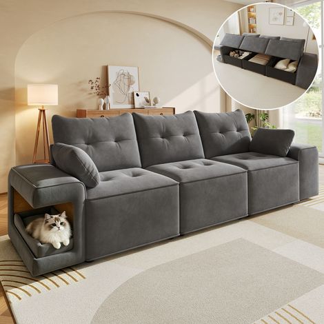 Canapé 3 places 229,5 x 78 x 84 cm - Velours gris - Coffres, niches animaux (1/5)