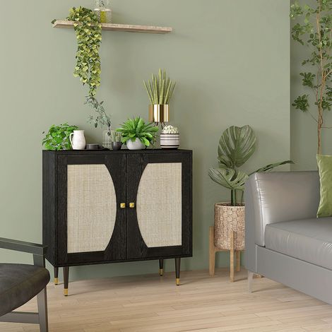 Buffet de cuisine meuble de rangement design bohème double portes avec 2 niveaux. façade en rotin 80 x 38 x 79 cm noir