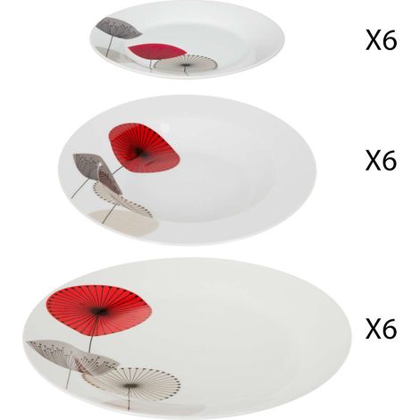Service vaisselle 18 pièces – 6 assiettes plates, 6 assiettes à soupe, 6 assiettes à dessert – Porcelaine avec motifs floraux rouges – Secret De Gourmet