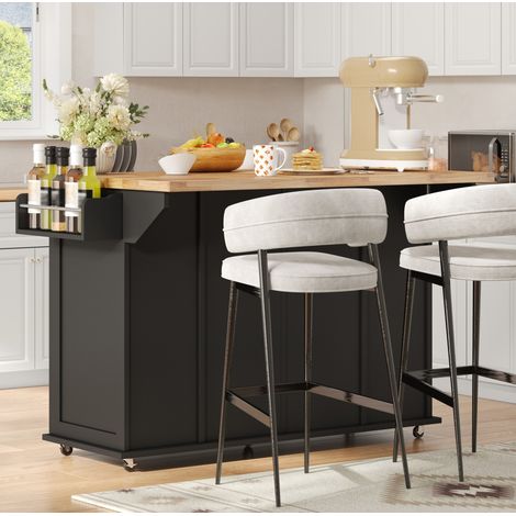 REDOM isla de cocina 120x45x87 cm, encimera abatible, 3 cajones verticales, estantes en puerta, MDF negro y natural (1/5)