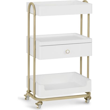 BarberPub Servierwagen mit Rollen & Schublade, Rollwagen Friseurwagen Weiß-Gold, Salon Trolley mit 3 Ablagen, Moderner Arbeitswagen für Bad Wohnzimmer, 37x51x87cm, 0093