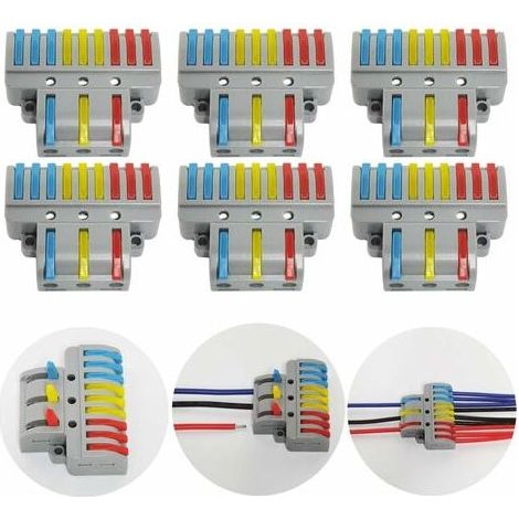 Bornes de Connexion, 6 Pcs Connecteur électrique avec Levier de Fonctionnement, Compact Borne de Connexion électrique Automatique, 3 in 9 Out (1/4)