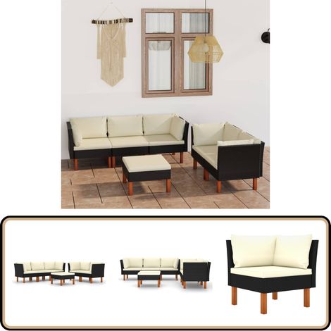 6-tlg. Garten-Lounge-Set mit Kissen Poly Rattan Schwarz - Gartensonnenliege - Gartenloungesessel - Outdoor Möbel - Esszimmergarnitur - Balkonmöbel
