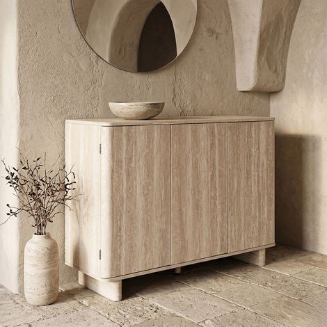 The Home Deco Factory – Buffet 3 portes effet pierre – Rangement élégant blanc et beige – Dimensions optimisées pour salon et salle à manger (1/5)