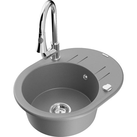 Mexen Kevin 1 Becken-Granitspüle mit Abtropffläche und Mischbatterie Elia, Grau - 6517-71-670101-00 (1/5)