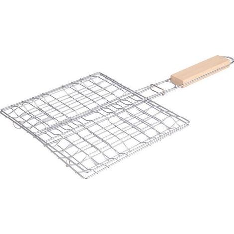 Panier à barbecue pliant avec poignée en bois – Surface de cuisson 20 x 21,5 cm – Mailles métalliques antiadhésives – Pour grillades intérieur/extérieur (1/5)