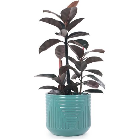 Grand pot de fleurs en céramique Ø 42 cm, émaillé à la main avec une surface turquoise-vert brillante et un motif géométrique rainuré, respirant et résistant au gel, avec trou de drainage pour palmier (1/4)