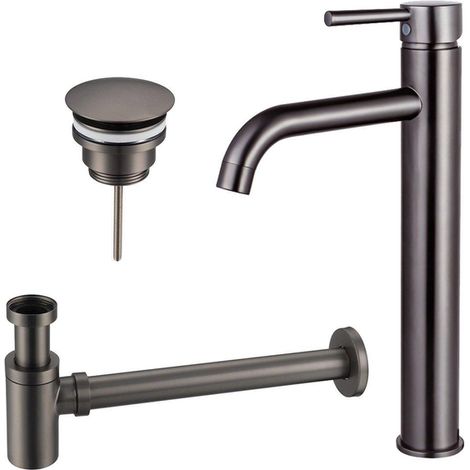 Fortifura Calvi Kit mitigeur lavabo - robinet rehaussé - bonde non-obturable - siphon design bas - PVD Gunmetal