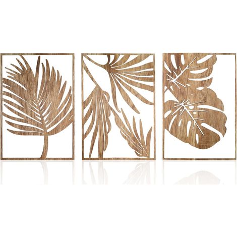 Lot de 3 sculptures murales modernes en bois, panneau en forme de feuille de plante tropicale vintage, feuilles de palmier, décoration murale rustique pour salon, salle de bain, chambre à (1/5)