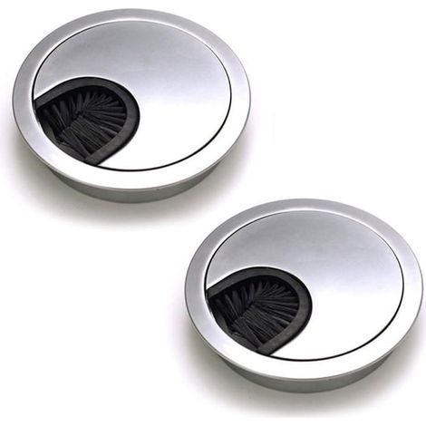 Lot de 2 Passe Câbles Ronds Encastrables, Fil Métal Acier Brossé Design, Rangements de Câbles pour Table de Bureau Diamètre 60 mm - Argent Perle Chrome (1/5)