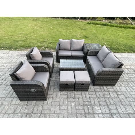 Fimous 8 places Salon de jardin en rotin avec Table basse rectangulaire 2 Petits poufs Love Sofa Tables d'appoint Mélange gris foncé (1/5)