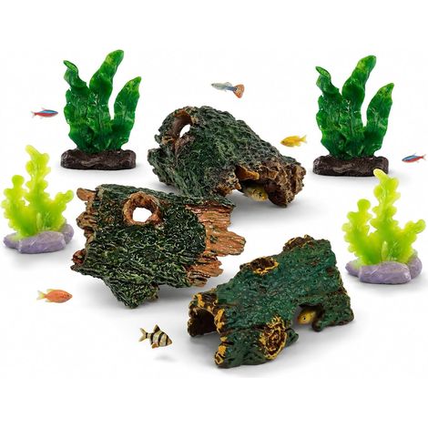 Décoration Aquarium Résine 7 Pièces, 3 Cachettes Forme Tronc et 4 Coraux Vert Foncé Vert Clair, Ornements Pour Poissons Crevettes (1/5)