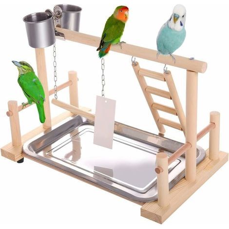 Área de juegos para pájaros de madera natural, accesorio para jaula de loros y cacatúas, con comederos, escalera y columpio. (1/5)