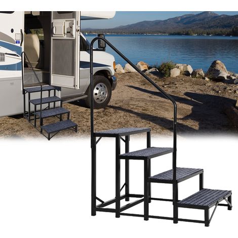 Escalier supplémentaireérieur RV 4 marches robuste 300 kg – marches antidérapantes, main courante sécurisée – portable pour camping-car, caravane, spa, piscine, animaux – noir – 4 marches – accoudoir (1/5)