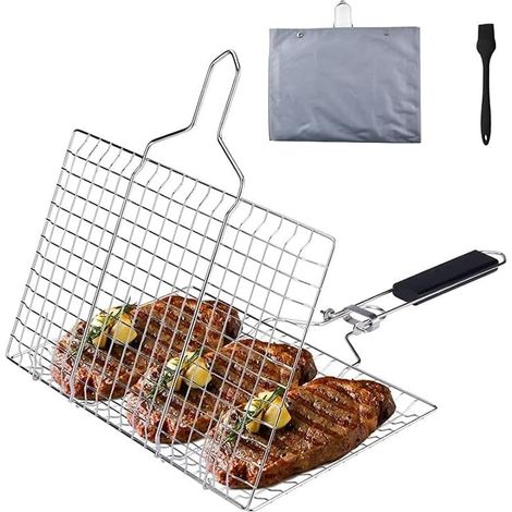 Panier grille poisson barbecue, Pliable en Acier Inoxydable, pour la Cuisson des Poissons, Légumes ou Crevettes, avec Poignée Amovible, Brosse à Badigeonner et Sac de Rangement - (1/5)