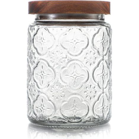 bocaux en verre, Bocaux rangement cuisine, 700ml Bocal en verre avec couvercle en bambou, bocaux en verre hermétiques pour café, riz et sucre, Bocal en verre décoratif (fleurs de bégonia)