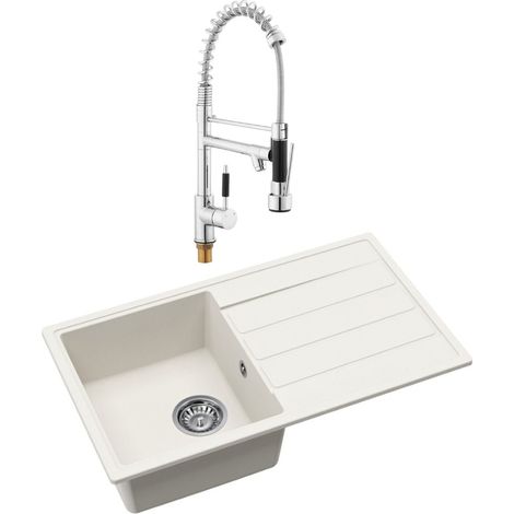 Swiss Aqua Technologies Lavello da incasso 76x44 cm con sgocciolatoio reversibile in granito + miscelatore a 2 getti con braccio girevole, bianco (SATSI