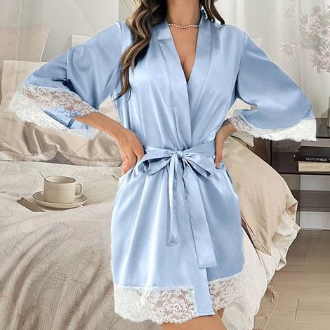 Peignoir en satin pour femme - Manches mi-longues bordées de dentelle - Peignoir à nouer sur le devant - Peignoir de matinée - Peignoir d'intérieur confortable - Taille L - Bleu (1/2)