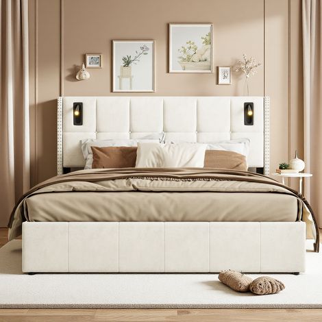 Lit double capitonné 140 x 200 cm avec liseuse, rangement en tête de lit, recharge USB, sommier hydraulique à lattes, velours, beige (livraison locale) (1/5)