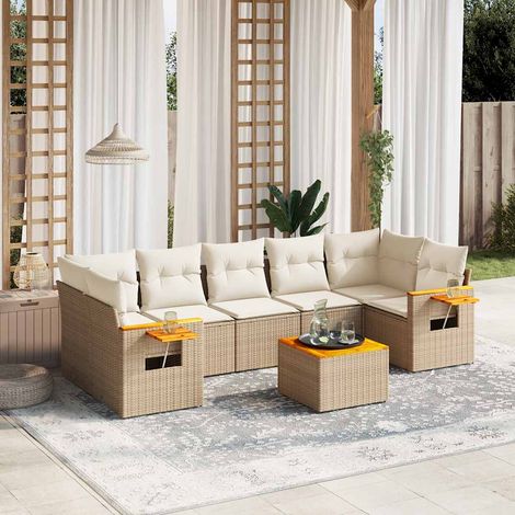 Ensemble Salon Jardin 8 Places Résine Tressée Beige avec Coussins - Table Acacia et Mobilier d'Extérieur Modulaire (1/5)