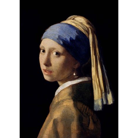 Tableau connu jeune fille avec perle à l'oreille | Tableau pour cuisine portrait de femme | Tableau noir beige & bleu pour couloir 0,5 x 0,7 m (1/2)