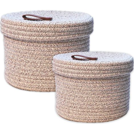 Panier Rangement 2 Pièces Panier de Rangement avec Couvercle Corde de Coton Tissé Panier Décoratif Lavable Jouet Boîte de Rangement Étiquette en Cuir Poignée (Brun 29X17cm/25X13.5cm)