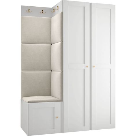 Mobilier1 – Meuble d'entrée Hartford 379 – Blanc – Dimensions 186x116x46cm – MDF stratifié – Panneaux muraux souples pour rangement esthétique (1/5)