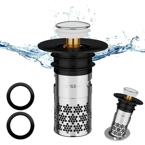Bouchon de Lavabo INOX Universel,Pop-up Vidage Amélioré avec Filtre Anti-Bloqué,pour Baignoire,Cuisine et Lavabo (33-40mm) - Noir (1/5)