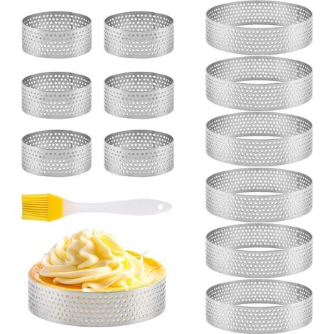 Lot de 12 cercles à crumpets, ronds et perforés, en acier inoxydable avec revêtement antiadhésif, couleur argentée. (1/5)