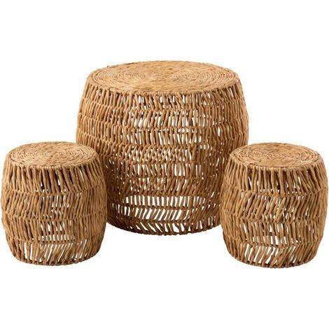 Table d'Appoint & 2 Tabourets "Maurice" 76cm Naturel (1/4)