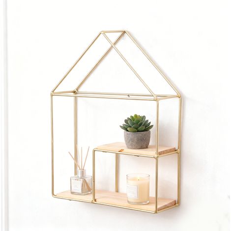 [Étagère Murale] + Étagère Murale Double Élégante en Bois et Fer doré pour Salon Cuisine Salle de Bain Support Rangement Rustique (1/5)