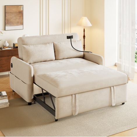 Canapé convertible 2 places chenille beige USB OKMYHOME (1/5)