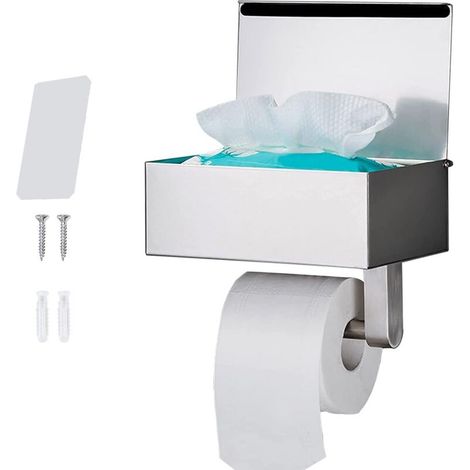 Toilettenpapierhalter Ohne Bohren - SUS304 Edelstahl Silber Klopapierhalter mit Ablage - Toilettenpapierhalter Mit Feuchttücherbox - WC Papier Halterung für Küche und Badzimmer
