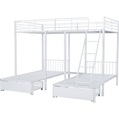 Litera triple de metal blanco con cajones, convertible 140 x 200 y 2 x 90 x 200 (1/5)