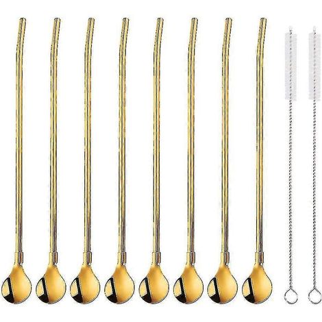 Lot de 8 pailles et cuillères réutilisables en acier inoxydable avec 2 goupillons de nettoyage. Cuillère-paille dorée pour cocktails, latte macchiatos, manche fin et long (21,5 cm). (1/5)