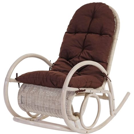 Fauteuil à bascule Esmeraldas, rocking-chair, fauteuil en rotin, blanc, rembourrage marron (1/5)