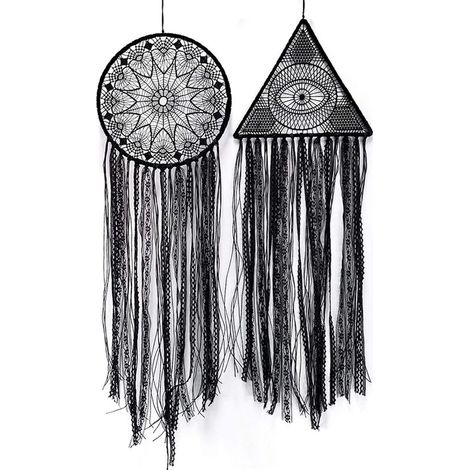 2 acchiappasogni, decorazioni per la cameretta fatte a mano per bambine e bambini, acchiappasogni a LED con piume, decorazioni murali, ornamenti artigianali neri (rotondo + triangolare) (1/5)