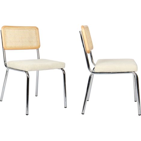 Lot de 2 chaises en métal chromé, cannage naturel et velours côtelé beige - Paula (1/5)